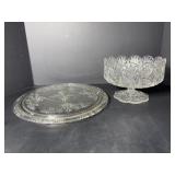 Vtg cut glass footed serving bowl & serving tray