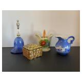 Painted Japanese basket, Avon bell, Souvenir vase.