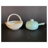 Ceramic woen basket & McCoy covered soup bowl