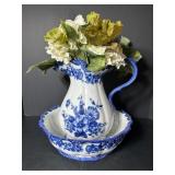 Vtg Blue/white flowered pitcher & wash basin