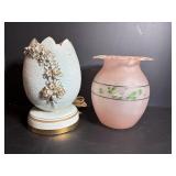 Vintage Pink Satin Vase & Porcelain Egg Lamp