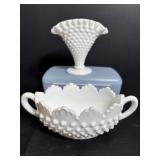 Hobnail Milk Glass Oval Candy Dish & 4" Fan Vase
