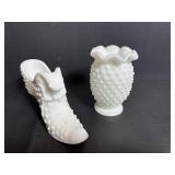 Hobnail Milk Glass Cat Head Shoe & 3.5" Vase