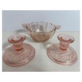 Vintage Pink Depression Glass Bowl & Candleholders