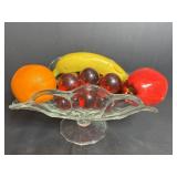 Vintage Pedestal Dish, Glass Grapes &Plastic Fruit
