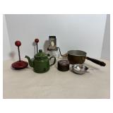 Small Enamelware Kettle, Mini Copper Pan & Misc