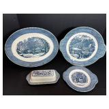 Vtg Currier & Ives platters, butter dish