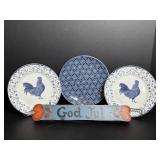 Country Toile Rooster blue & white ceramic..