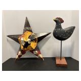 Wooden Chicken on Pedestal & Metal Chicken Star..