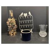 Metal Keyholder, Crystal vase & Small Blue Crock