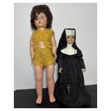 Vtg Nun doll 15"H & Vtg doll with knitted clothes.