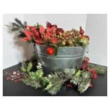 Christmas decor - metal bucket, swag & ,,,,