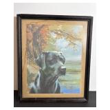 Vtg Framed with black labrador picture by...