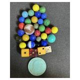 Vtg Marbles, dice & misc