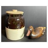 Vtg Stoneware crock (lid not original) 7"H &...