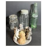 Ball Jar Kerr jar, Coca-Cola coke bottle & cat..