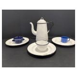Enamelware coffee pot/teapot, (3) metal plates,...