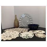 Fiesta Blue Bowl, Doilies, Glass Platter