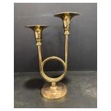 Vtg Solid brass french horn candleholder