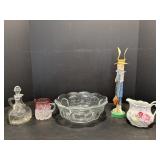 Antique Victorian cranberry cup, cruet, creamer...