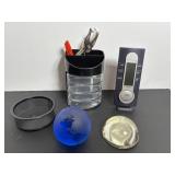 Blue Glass World Globe paper weight & misc.