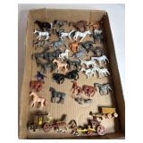 Vintage Wood Horse damaged & Cart & Plastic Horses