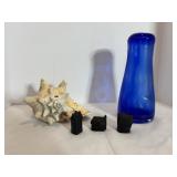 10"H Blue Vase Conch Shell small hole & Misc