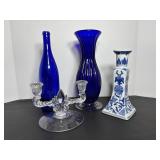 12" Cobalt Blue Vase & Candle Holders