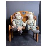 Wood Bench & Primitive Hand Crafted Dolls
