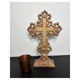 12"H Metal Cross & Copper Cup