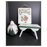 Hand Crafted Santa Gourd 11"H Sign & Stool