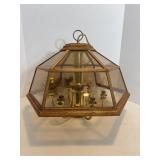 Vtg Wood & Brass Beveled glass chandeler