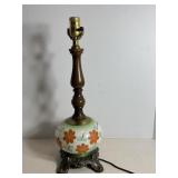 Vtg Brass & Wood lamp with glass painted globe