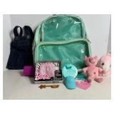 Barbie fashion skirt, Bulid-a-Bear denim overalls.