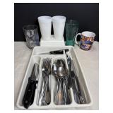 Milk glass & misc glassware, silverware & tray