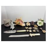 Box of seashells, cake knives & misc