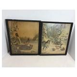 2 Vtg framed prints 1881 "Potluck" & "Christmas...