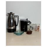 Vtg Coffee pot, coffee grinder & glassware