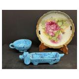 Ceramic Dog Cracker Dish, Soup Cup & Vintage Plate