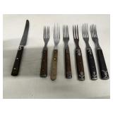 Antique Wood Handled Knife & 4 Tined Forks