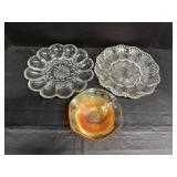 2 Glass Egg Plates & Carnival Glass Footed Bowl