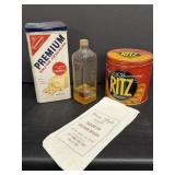 Cracker Tins, VIntage Bottle & Cloth Bag