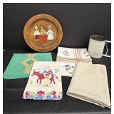 Hand Painted Plate, Metal Sifter & Hand Towels