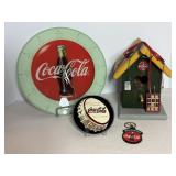 Coca Cola clock, birdhouse, & misc Coca Cola...