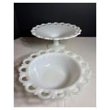 Milk glass pedestal bowl 11' dia & milk glass bowl