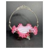 Vtg Victorian bride's ruffled pink & white glass..
