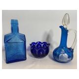 Vtg Blue glass cruet, handcut full lead crystal &.