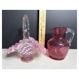 Pink Hobnail Glass Basket 6'H & Cranberry...