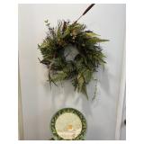 Greenery wreath & Hallmark winter snow bird plate