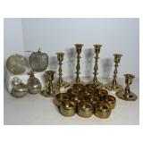 Brass candlesticks & brass napkin rings &..